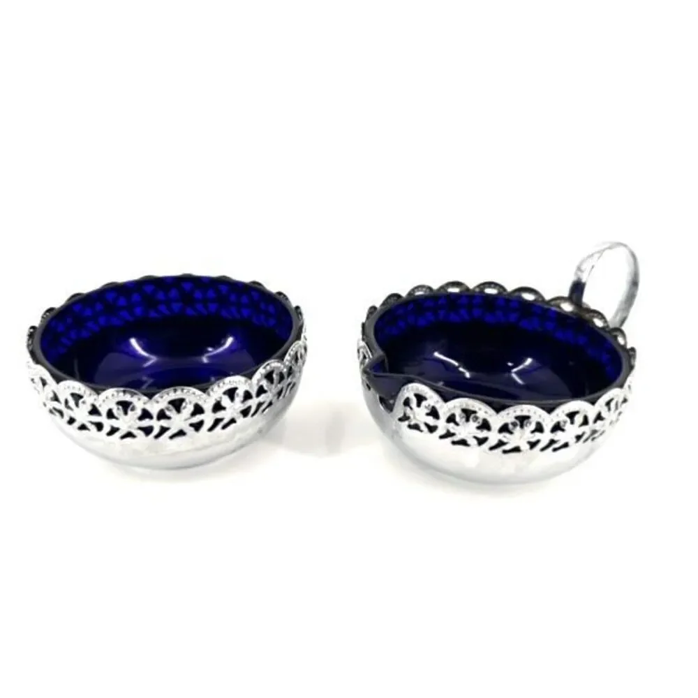 Vintage Silverplate Handle Glass Open Sugar and Creamer‎ Set Cobalt Blue Large